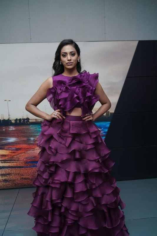 Structured Deep Purple Gown in Organza with Dramatic Ruffle Layers