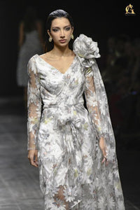 Elegant Floral Lace Dress Featuring Sheer Sleeves and Large Shoulder Floral Detail