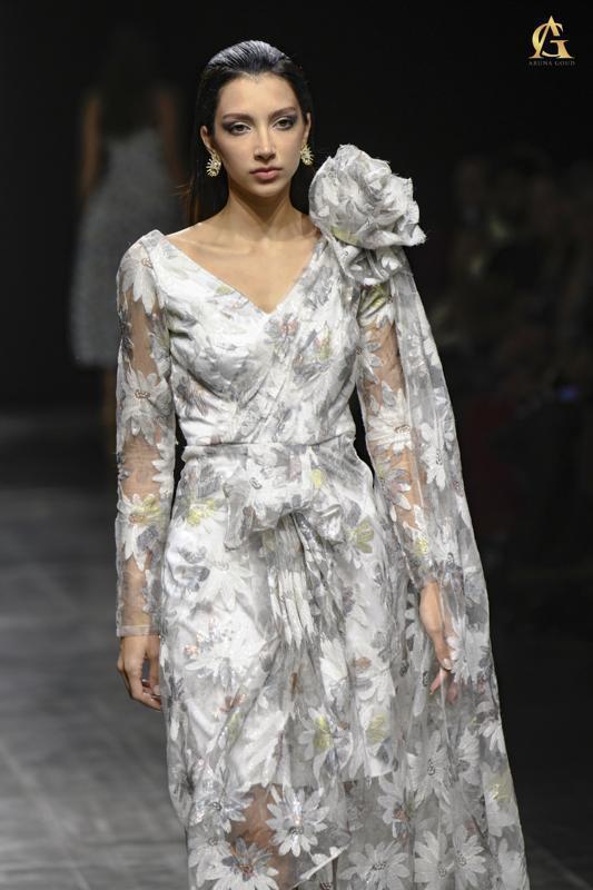 Elegant Floral Lace Dress Featuring Sheer Sleeves and Large Shoulder Floral Detail