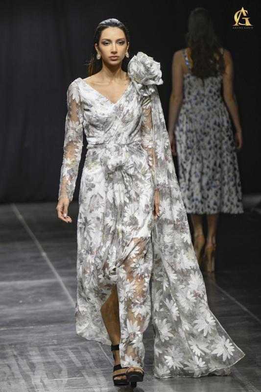 Elegant Floral Lace Dress Featuring Sheer Sleeves and Large Shoulder Floral Detail