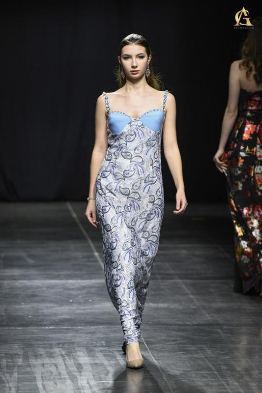 Elegant Blue and White Floral Dress with Playful Ruffle and Flattering Fit