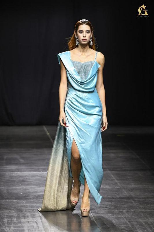 Elegant Icy Blue Satin Gown with One-Shoulder Drape and Shimmering Finish