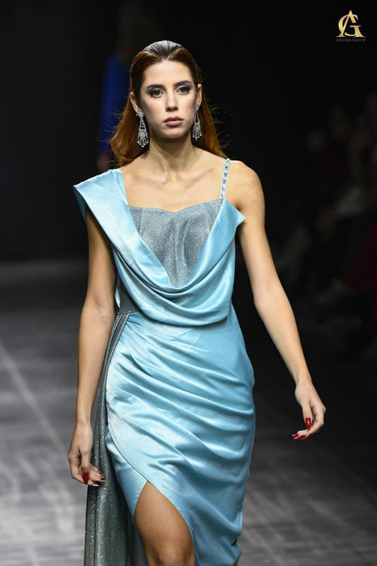 Elegant Icy Blue Satin Gown with One-Shoulder Drape and Shimmering Finish