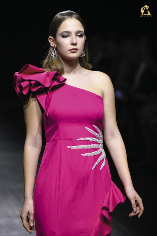 Elegant One-Shoulder Fuchsia Satin Dress Featuring Ruffles and Silver Accent