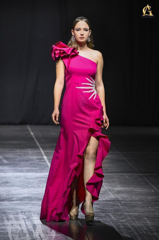 Elegant One-Shoulder Fuchsia Satin Dress Featuring Ruffles and Silver Accent