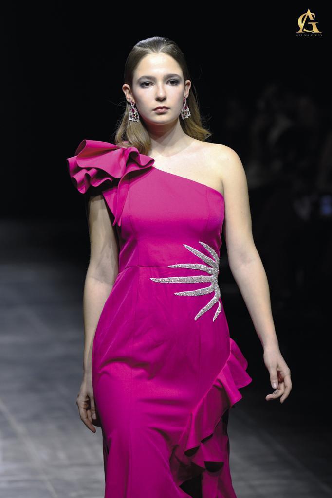 Elegant One-Shoulder Fuchsia Satin Dress Featuring Ruffles and Silver Accent