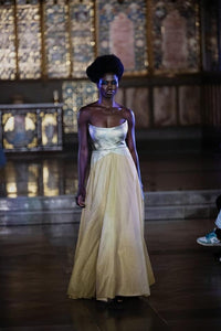 Elegant Dual-Tone Gown with Silver Wrap Bodice and Shimmery Golden Skirt