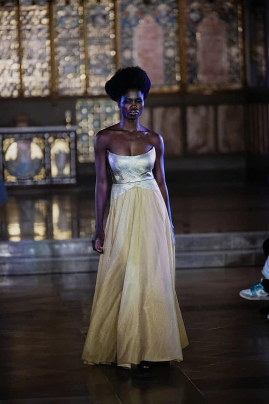 Elegant Dual-Tone Gown with Silver Wrap Bodice and Shimmery Golden Skirt