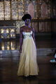 Elegant Dual-Tone Gown with Silver Wrap Bodice and Shimmery Golden Skirt
