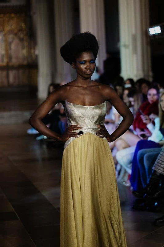 Elegant Dual-Tone Gown with Silver Wrap Bodice and Shimmery Golden Skirt