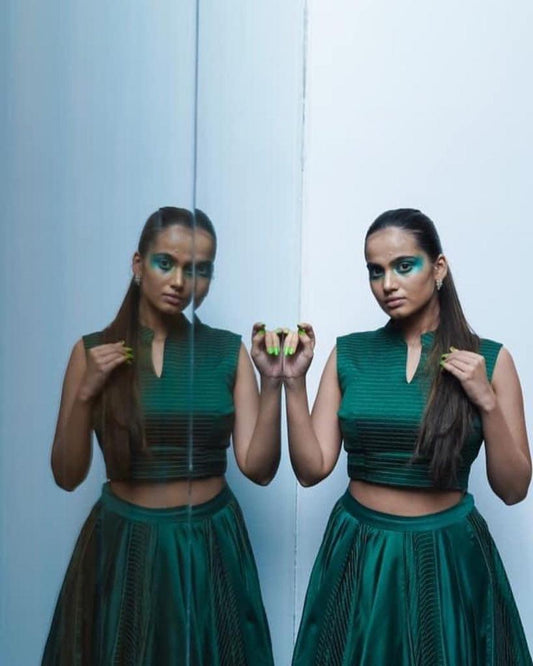Elegant Satin-Silk Dress in Emerald Green Featuring V-Slit Crop Top and Flowing Skirt