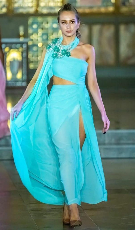 Elegant Aqua Blue Chiffon Dress with Asymmetric One-Shoulder and Floral Detail
