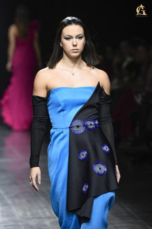 Bold Sapphire Blue Strapless Dress with Artistic Eye-Print and Black Sleeves