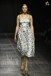 Soft Cotton Midi Dress with Blue and White Floral Print and Flared Skirt