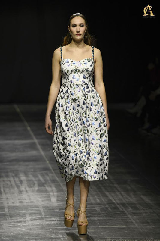 Soft Cotton Midi Dress with Blue and White Floral Print and Flared Skirt