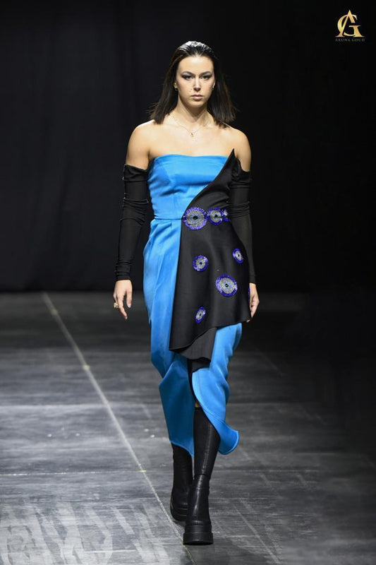 Bold Sapphire Blue Strapless Dress with Artistic Eye-Print and Black Sleeves