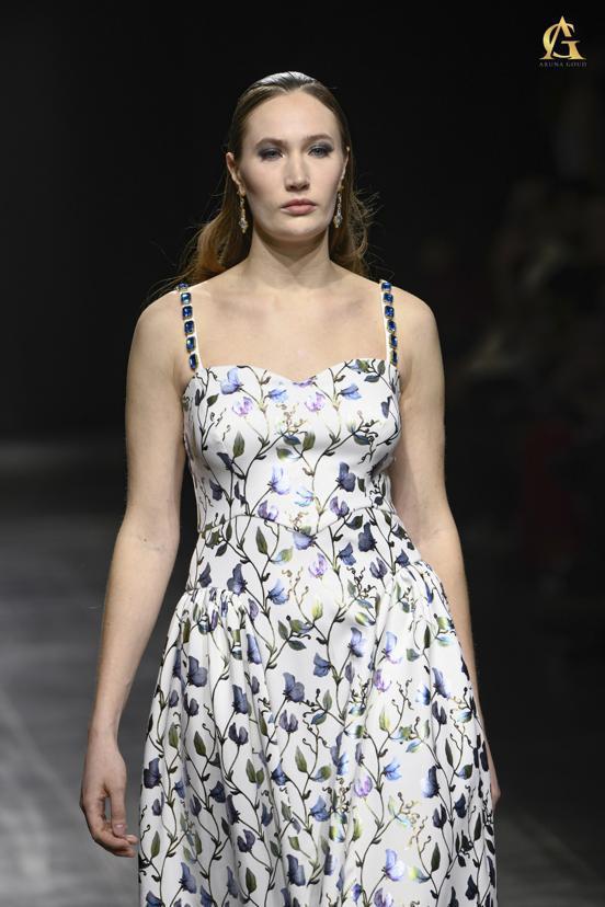 Soft Cotton Midi Dress with Blue and White Floral Print and Flared Skirt