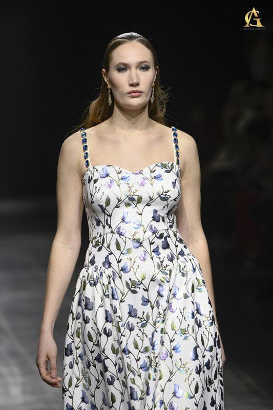Soft Cotton Midi Dress with Blue and White Floral Print and Flared Skirt