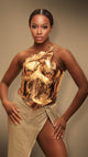 Metallic Bronze Sculptural Bodice with Silver High-Slit Skirt