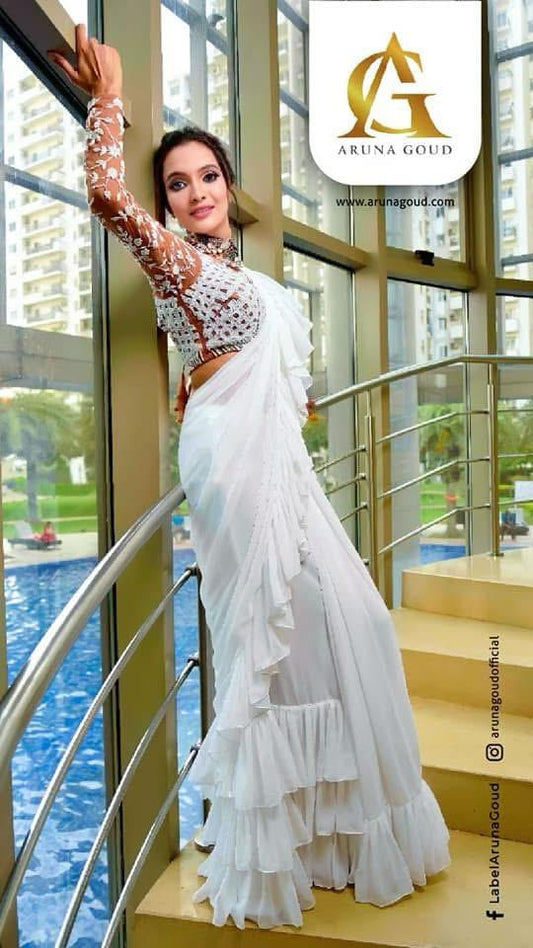 Soft Georgette White Saree with Ruffle Layers and Detailed Embroidered Blouse