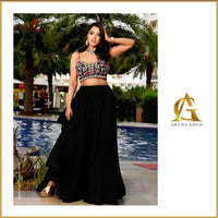 Elegant Black Chiffon Lehenga Set with Vibrant Floral Embroidery on Crop Top