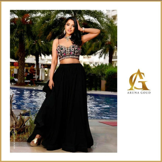 Elegant Black Chiffon Lehenga Set with Vibrant Floral Embroidery on Crop Top