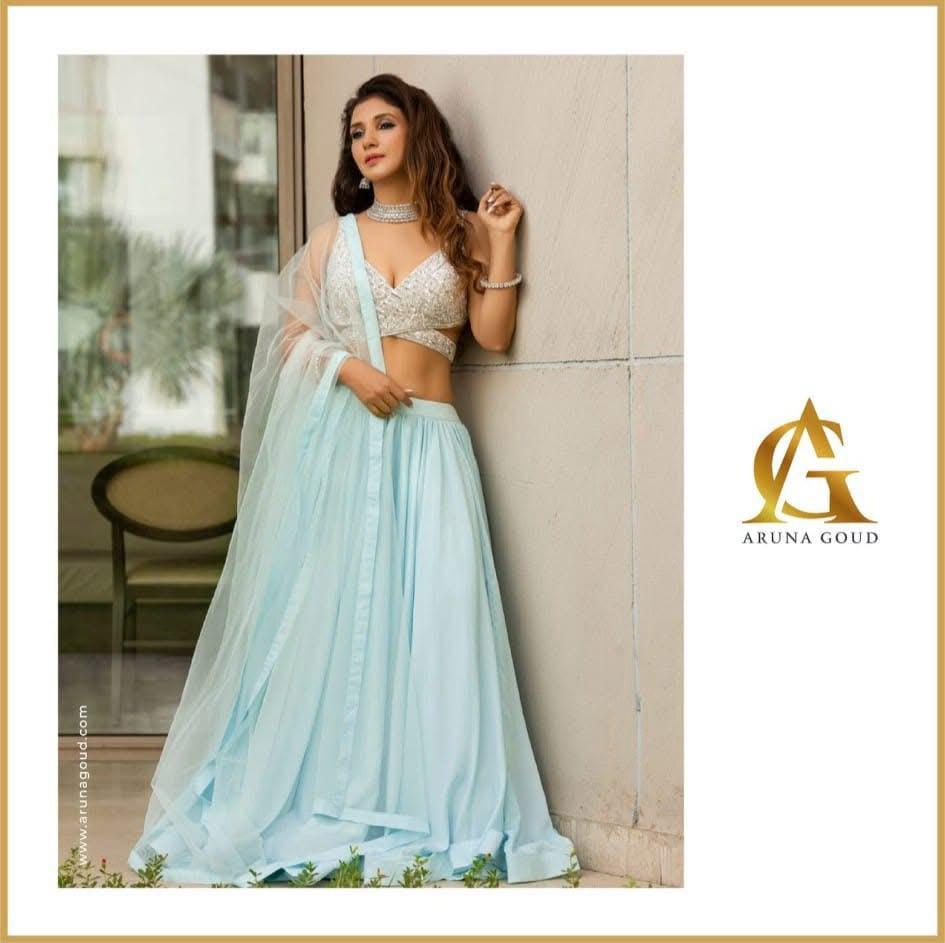 Light Blue Chiffon Lehenga with Embroidered Blouse and Flowing Dupatta