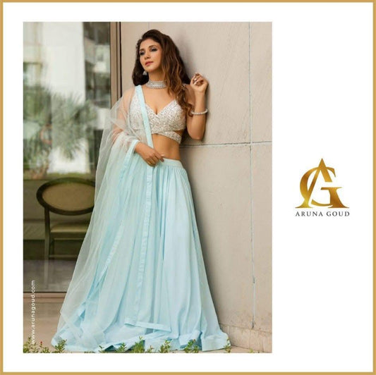Light Blue Chiffon Lehenga with Embroidered Blouse and Flowing Dupatta