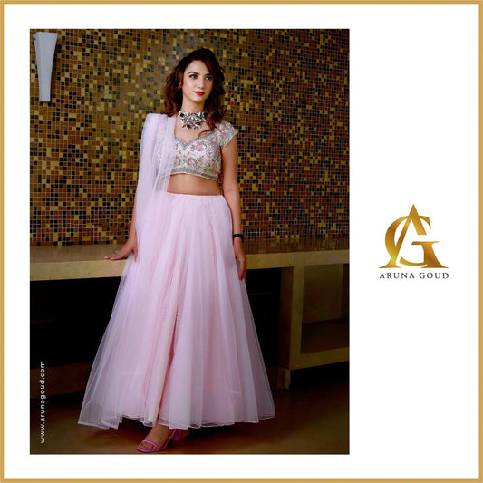 Ethereal Pastel Pink Lehenga Choli Set in Soft Net with Embroidery