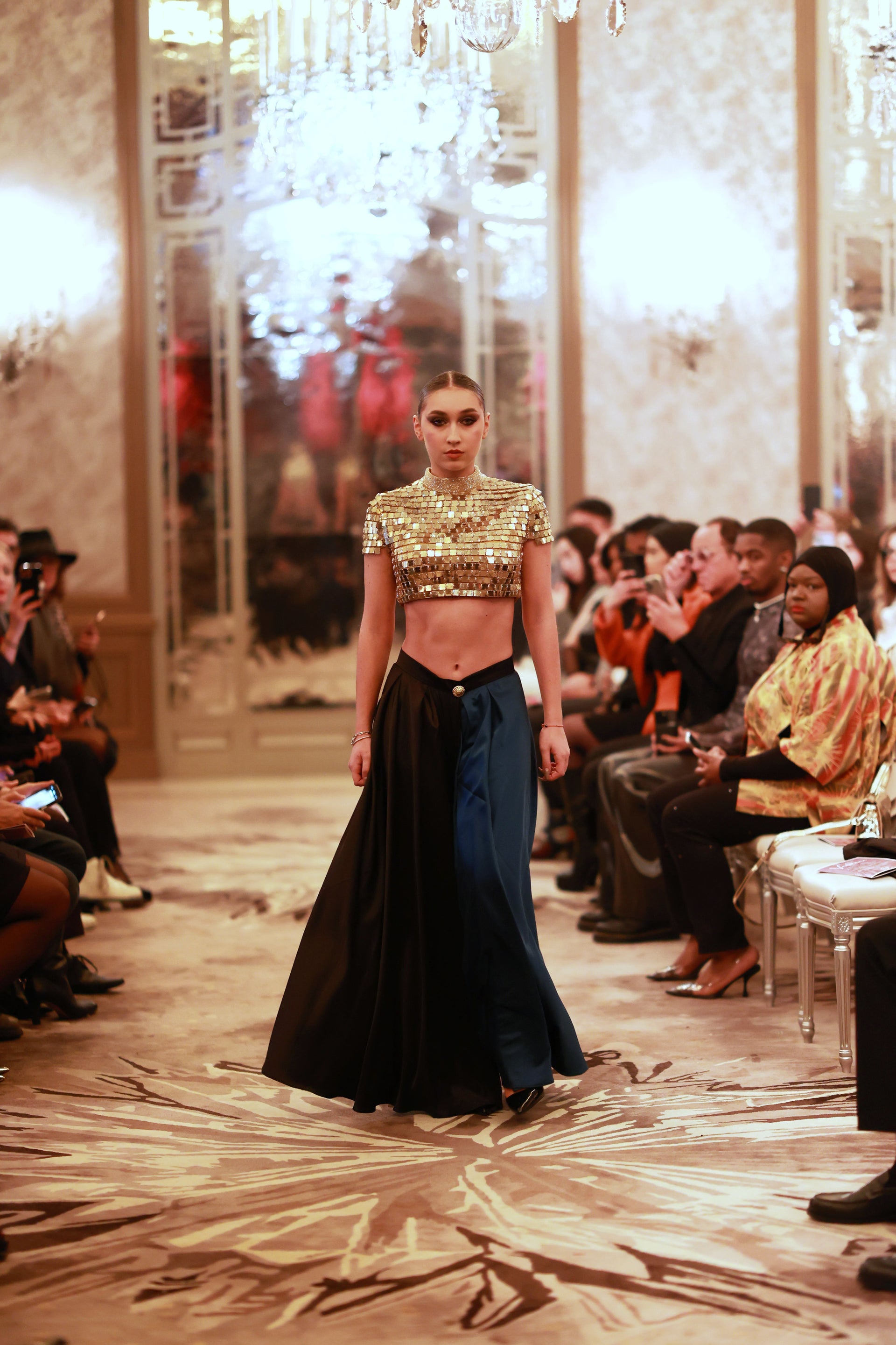 Gold Sequin Crop Top with Black & Deep Blue Flowing Skirt