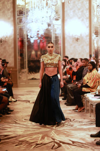 Gold Sequin Crop Top with Black & Deep Blue Flowing Skirt