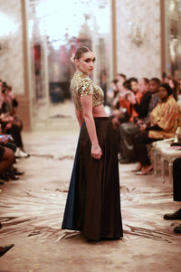 Gold Sequin Crop Top with Black & Deep Blue Flowing Skirt