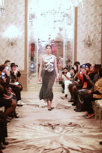 Metallic Silver Sculpted Bodice with Black Shimmer Skirt