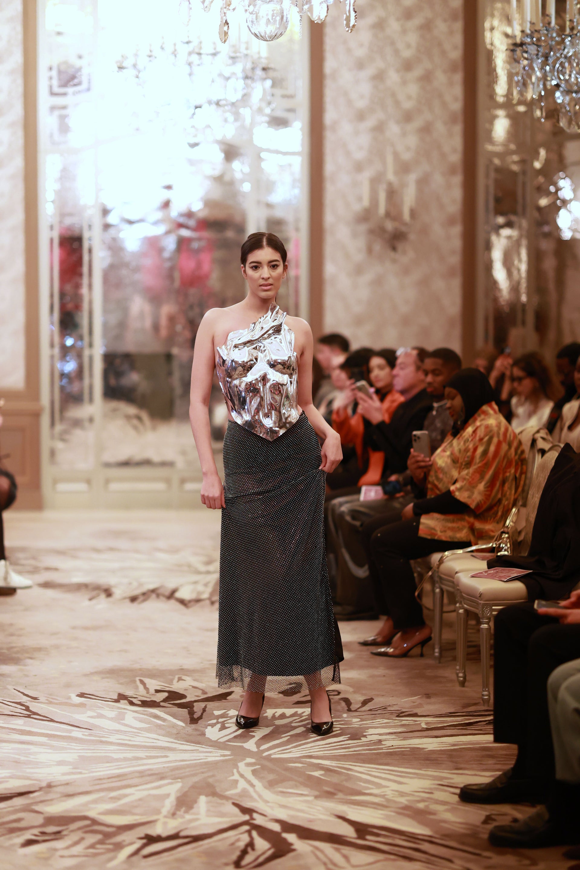 Metallic Silver Sculpted Bodice with Black Shimmer Skirt