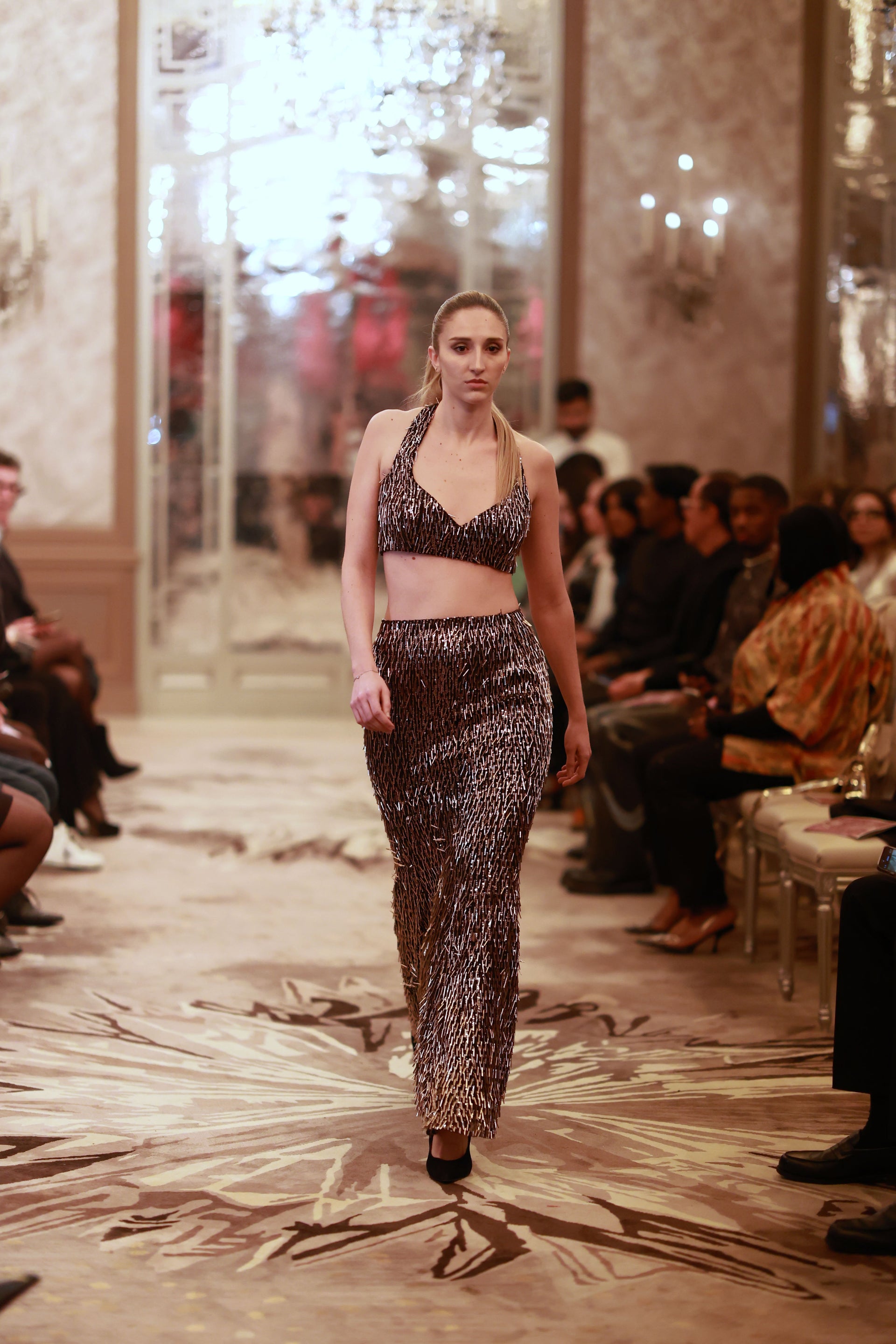 Bronze & Black Sequin Halter Crop Top with High-Waist Skirt