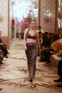 Bronze & Black Sequin Halter Crop Top with High-Waist Skirt