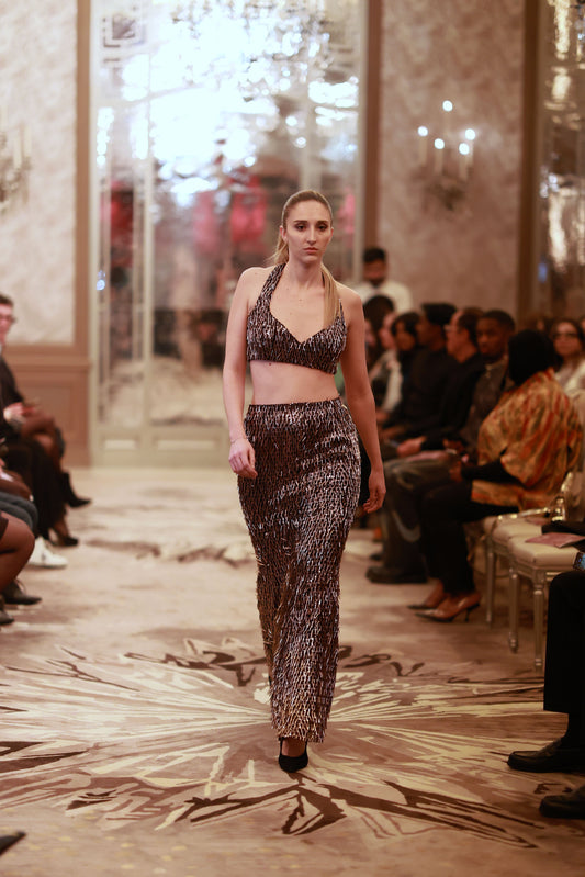 Bronze & Black Sequin Halter Crop Top with High-Waist Skirt