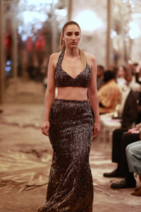 Bronze & Black Sequin Halter Crop Top with High-Waist Skirt
