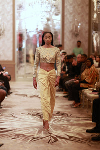 Gold Sequin Crop Top with Draped High-Waist Skirt