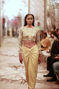 Gold Sequin Crop Top with Draped High-Waist Skirt