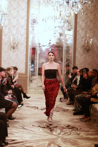 Black Strapless Crop Top with Red Ruffled Skirt