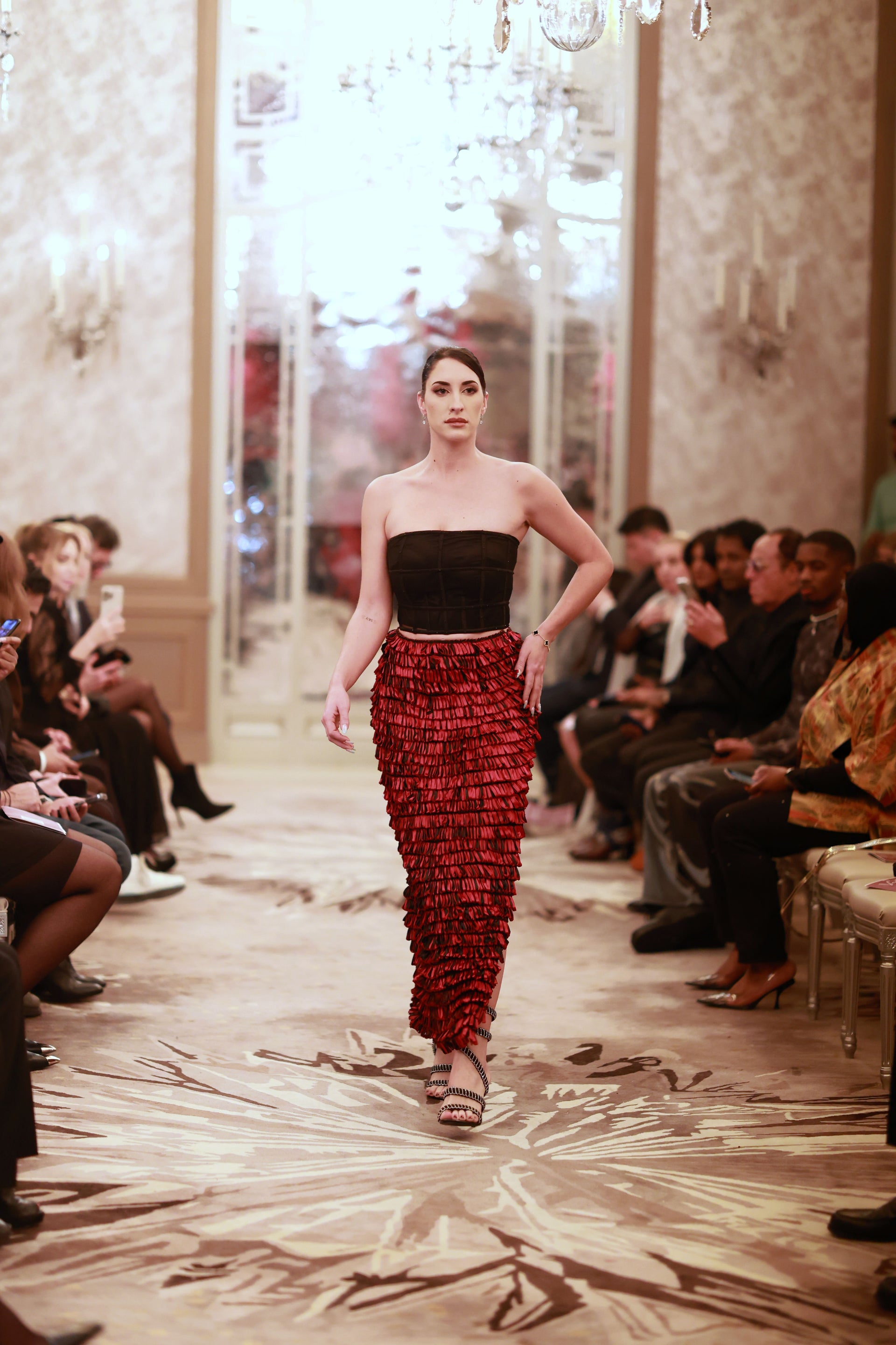 Black Strapless Crop Top with Red Ruffled Skirt