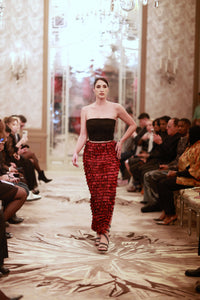 Black Strapless Crop Top with Red Ruffled Skirt