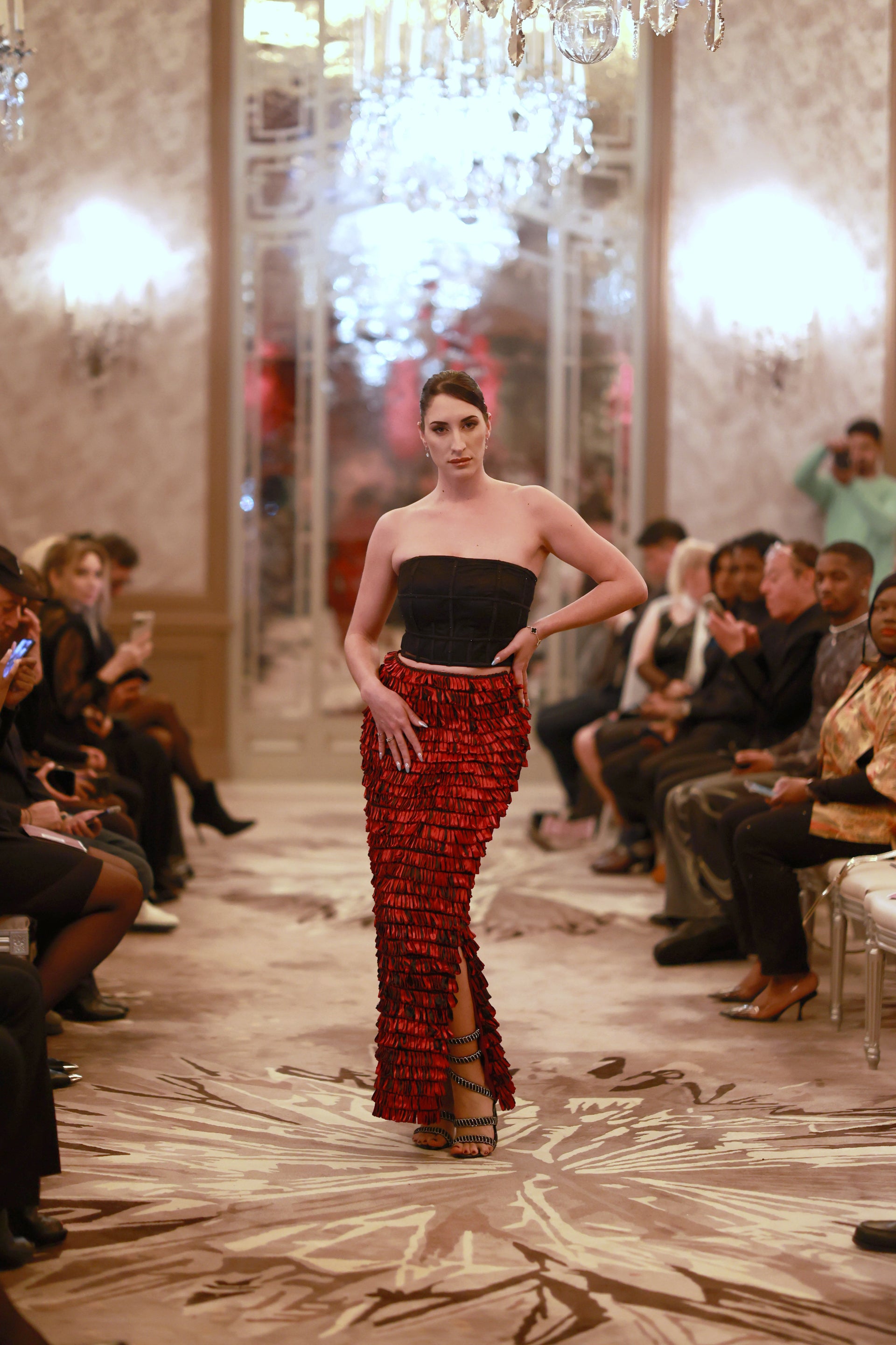 Black Strapless Crop Top with Red Ruffled Skirt