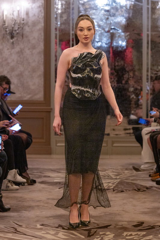 Elegant Black Satin Dress with One-Shoulder Ruffle and Sparkling Silver Accents