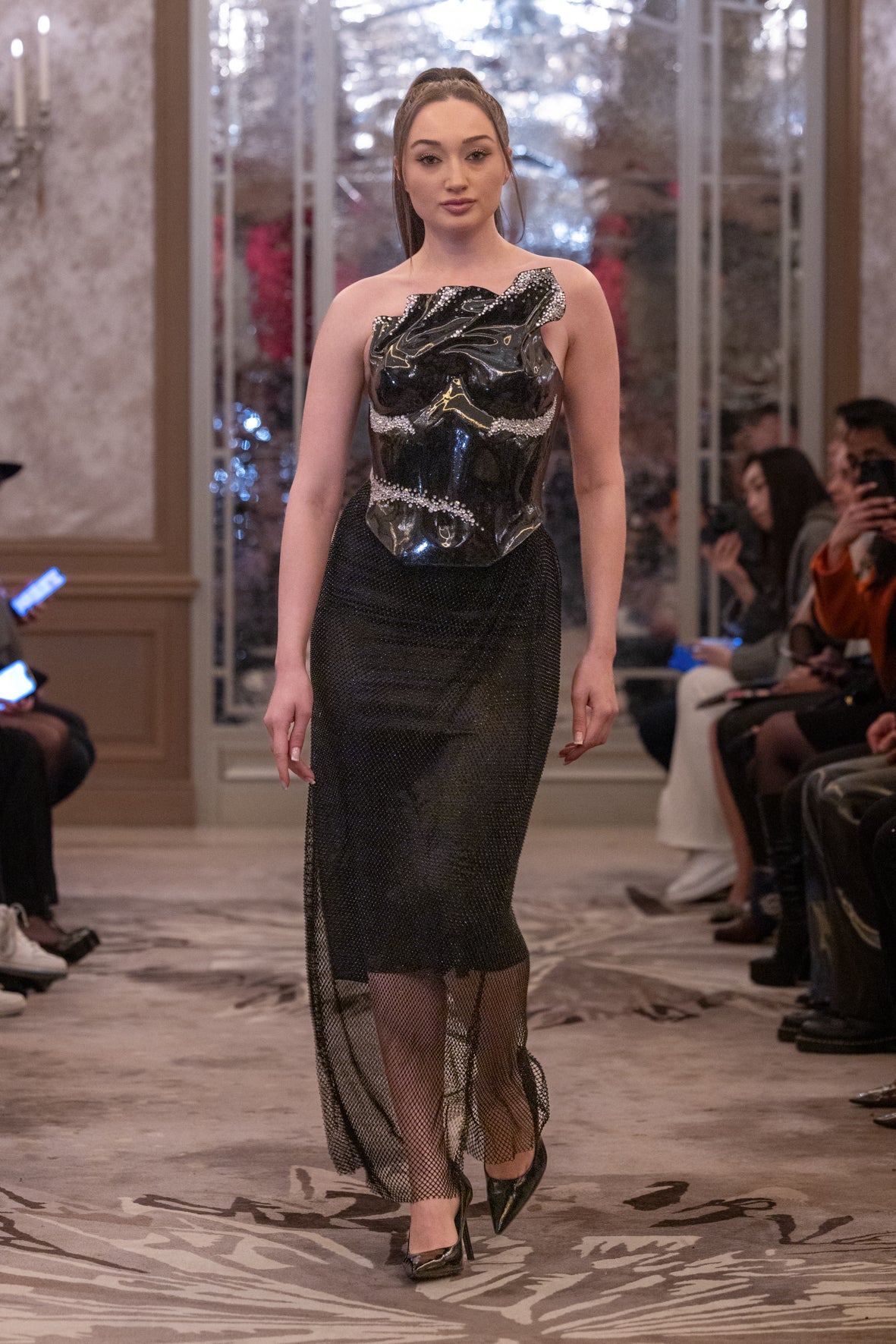Elegant Black Satin Dress with One-Shoulder Ruffle and Sparkling Silver Accents