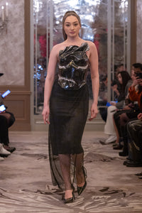 Elegant Black Satin Dress with One-Shoulder Ruffle and Sparkling Silver Accents