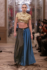 Gold Sequin Crop Top with Black & Deep Blue Flowing Skirt