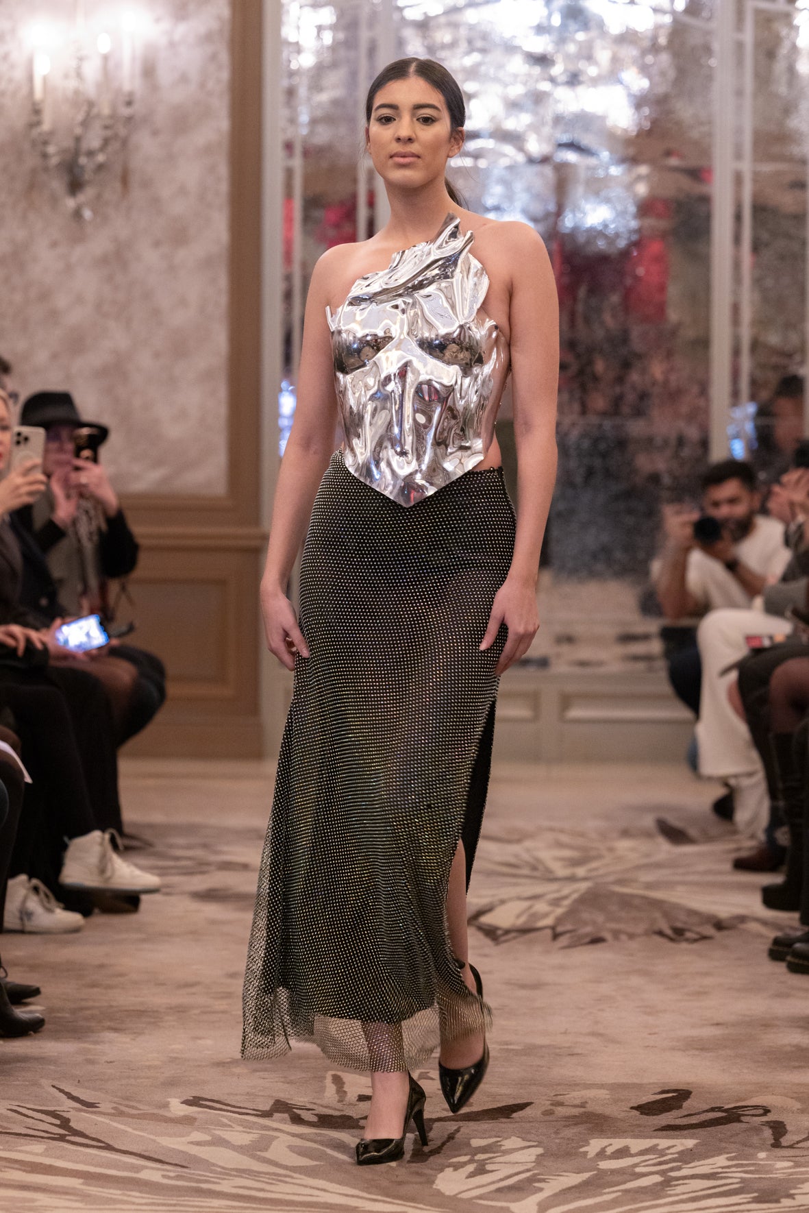 Metallic Silver Sculpted Bodice with Black Shimmer Skirt