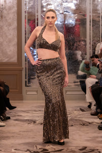 Bronze & Black Sequin Halter Crop Top with High-Waist Skirt